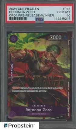 2024 One Piece EN OP06 Pre-Release Winner #045 Roronoa Zoro PSA 10 - Image 1