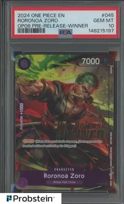 2024 One Piece EN OP06 Pre-Release Winner #045 Roronoa Zoro PSA 10 - Image 1