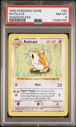Pokemon Base Set Shadowless Raticate Card Psa 8 - Image 1