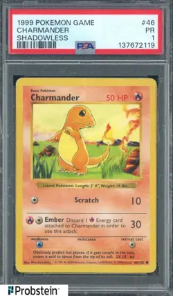 1999 Pokemon Game Shadowless #46 Charmander PSA 1 - Image 1