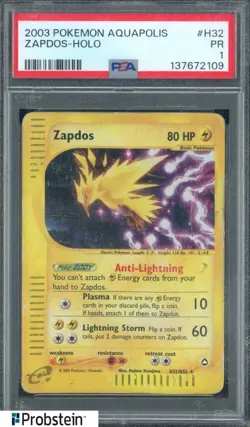 2003 Pokemon Aquapolis #H32 Zapdos Holo PSA 1 PR - Image 1