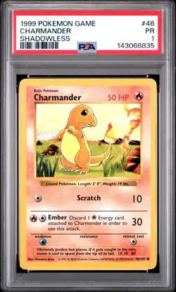 PSA 1 Shadowless Charmander #46/102 Base Set Pokemon 1999 WoTC PR - Image 1