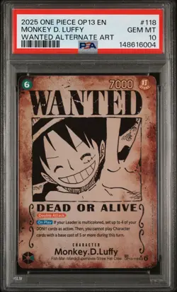 2025 One Piece OP13 En Monkey D Luffy Wanted Alternate Art #118 PSA 10 Gem - Image 1