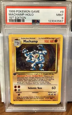 Pokemon Base Set Machamp 1st Edition Holo Rare Card PSA 9 - Image 1