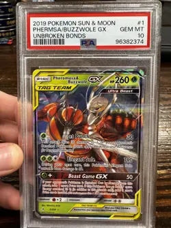 2019 Pokemon Sun Moon PHERMSA/BUZZEOLE GX Unbroken Bonds #1 PSA 10 GEM MT - Image 2