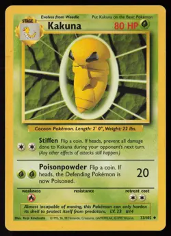 Kakuna 33/102 Uncommon Base Set Unlimited Pokemon Moderately Played - Image 1