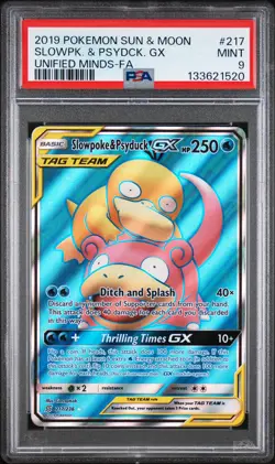 2019 POKEMON SUN & MOON UNIFIED MINDS #217 FULL ART/SLOWPOKE & PSYDUCK GX PSA 9 - Image 1