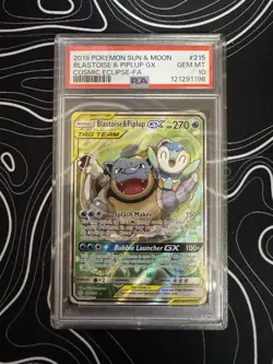 Pokemon Blastoise & Piplup GX Ultra Rare Cosmic Eclipse 215/236 PSA 10 Holo - Image 1