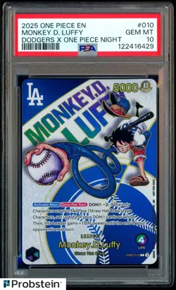 2025 ONE PIECE PROMOS DODGERS X ONE PIECE NIGHT #010 MONKEY D. LUFFY PSA 10 - Image 1