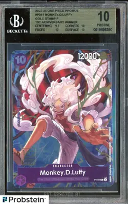 2022-24 One Piece Promos P041 Monkey D. Luffy Gold Stamp 1St Anniv Winner BGS 10 - Image 1