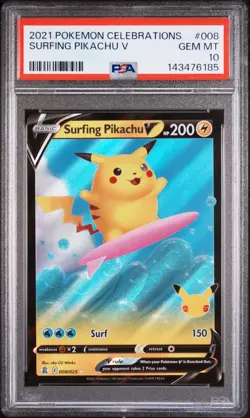 2021 POKEMON CELEBRATIONS #008 SURFING PIKACHU V PSA 10 - Image 1