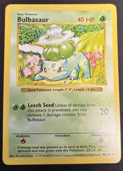 Bulbasaur Shadowless 44/102 Base Set Pokemon TCG Card 1999 LP/MP - Image 1