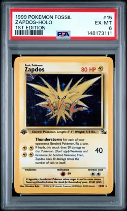 1999 Pokemon Fossil 1st Edition 15 Zapdos Holo PSA 6 148173111 - Image 1