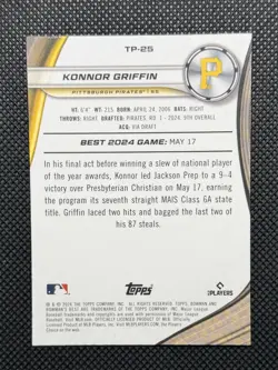 2024 Bowman's Best Top Prospects Konnor Griffin #TP-25 Blue Refractor /150 (RC) - Image 2