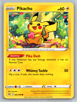 Pikachu 052/196 SWSH11: Lost Origin Common Normal Pokemon TCG LP - Image 1