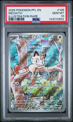2025 Pokemon Pfl En-Phantasmal Flames #106 Meowth Illustration Rare PSA 10 - Image 1