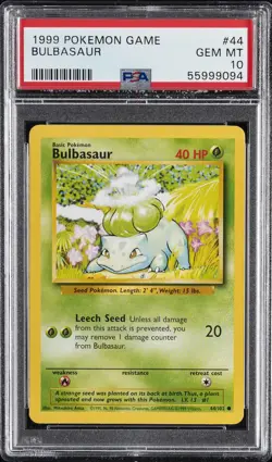 Bulbasaur 44/102 PSA 10 GEM MINT Pokemon Game Base Set Unlimited Common - Image 1