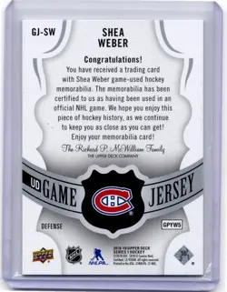 2018-19 Upper Deck UD Game Shea Weber Jersey #GJ-SW Montreal Canadiens - Image 2