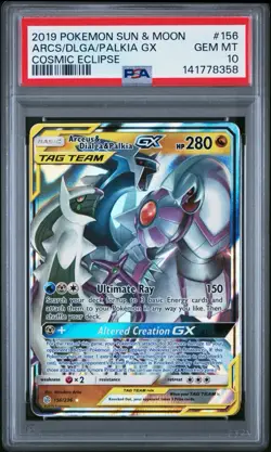 2019 POKEMON SUN & MOON COSMIC ECLIPSE #156 ARCEUS & DIALGA & PALKIA GX PSA 10 - Image 1