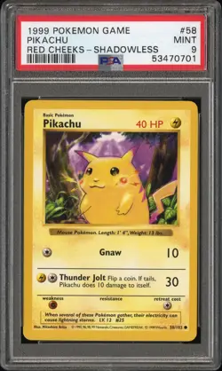 1999 POKEMON GAME BASE SET #58 PIKACHU RED CHEEKS SHADOWLESS PSA 9 - Image 1