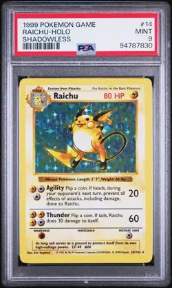 1999 POKEMON GAME BASE SET #14 RAICHU-HOLO SHADOWLESS PSA 9 - Image 1