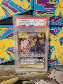 2019 POKEMON SUN & MOON COSMIC ECLIPSE #157 RESHIRAM & ZEKROM GX PSA 10 - Image 1