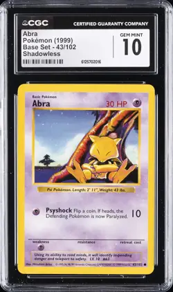 1999 POKEMON BASE SET - SHADOWLESS #43/102 ABRA CGC 10 GEM MINT - Image 1