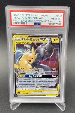 PSA 10 Gem Mint Pikachu & Zekrom GX 032 Full Art Tag Team Indonesian Pokemon - Image 1