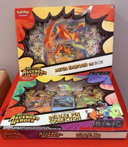 Pokemon Ascended Heroes Mega Emboar Ex and Deluxe Pin Collection. SEALED!! - Image 1