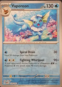 Pokemon Card Vaporeon Scarlet & Violet 151 Reverse Holo Rare 134/165 Near Mint - Image 1