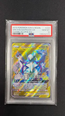 2019 POKEMON SUN & MOON #220 FULL ART/ARCEUS & DIALGA & PALKIA GX PSA 10 - Image 1