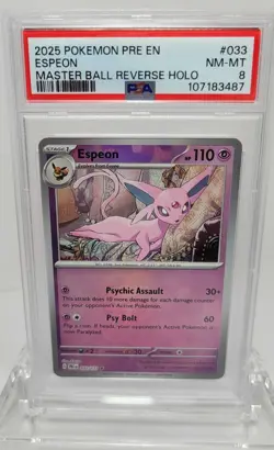 2025 POKEMON PRE EN-PRISMATIC EVOLUTIONS MASTER BALL REVERSE HOLO ESPEON PSA 8 - Image 1