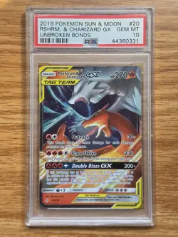 [PSA 10] 2019 POKEMON S&M RESHIRAM & CHARIZARD GX TAG TEAM #20 UNBROKEN BONDS - Image 1