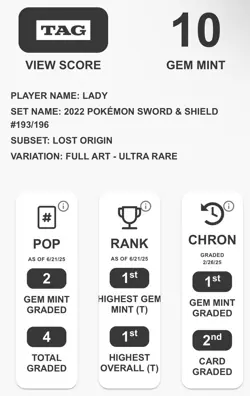 TAG 10 Pokemon Lady Lost Origin Ultra Rare Full Art - Image 2