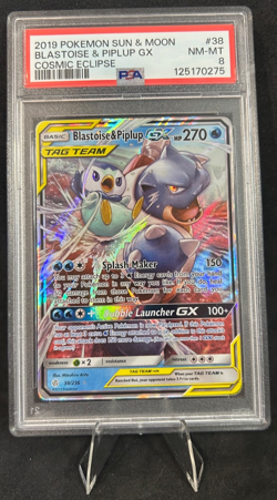 2019 POKEMON SM COSMIC ECLIPSE 38/236 BLASTOISE & PIPLUP GX PSA 8 - Image 1
