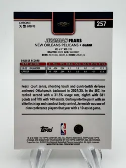 2025-26 Topps Chrome JEREMIAH FEARS Rookie Refractor #257 New Orleans Pelicans - Image 2