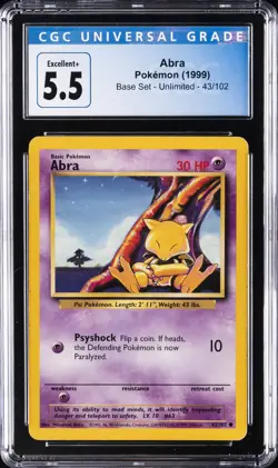 1999 POKEMON BASE SET - UNLIMITED #43/102 ABRA CGC 5.5 - Image 1