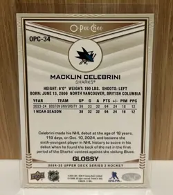 Upper Deck 2024-25 Series 2 Macklin Celebrini O-Pee-Chee Glossy OPC-34 Sharks - Image 2