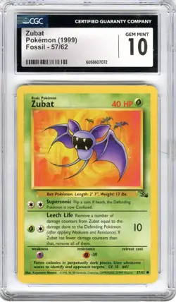 Zubat 57/62 Fossil CGC 10 Gem Mint 1999 WOTC Pokemon Vintage Set Card - Image 1