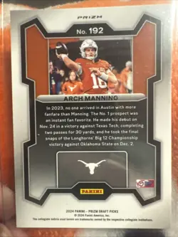 2024 Panini Prizm Draft Picks - Rated Prospect Arch Manning #192 Silver Prizm - Image 2