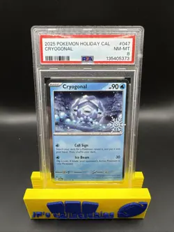 2025 Pokemon Holiday Calendar Cryogonal #047 Snowflake Stamp Cosmos Holo PSA 8 - Image 1