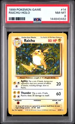 1999 POKEMON BASE SET UNLIMITED #14 RAICHU-HOLO PSA 8 - Image 1