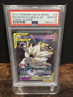 PSA 10 2019 POKEMON SUN & MOON COSMIC ECLIPSE SOLGALEO & LUNALA GX 75 - Image 1