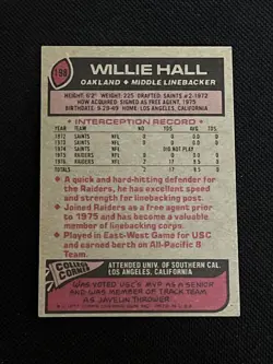 WILLIE HALL 1977 TOPPS SIGNED AUTOGRAPHED CARD #198 LOS ANGELES RAIDERS - Image 2
