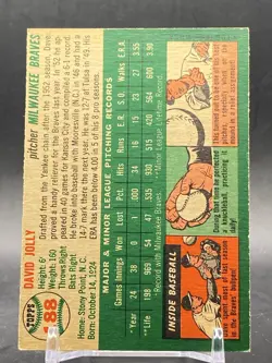 1954 Topps #188 Dave Jolly Rookie Milwaukee Braves VTG Baseball Trading Card - Image 2