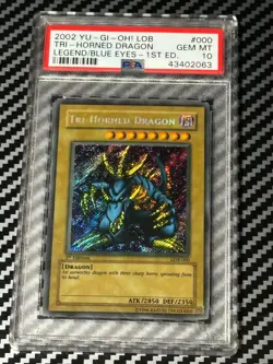 Yugioh PSA 10 2002 Tri-Horned Dragon LOB-000 Secret Rare 1st Edition WAVY *2063 - Image 1