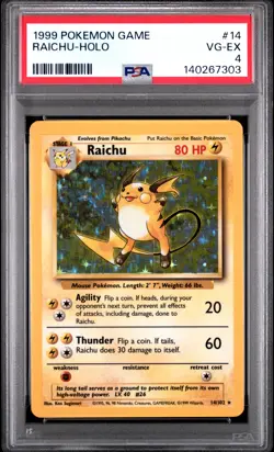 1999 POKEMON BASE SET UNLIMITED #14 RAICHU-HOLO PSA 4 - Image 1
