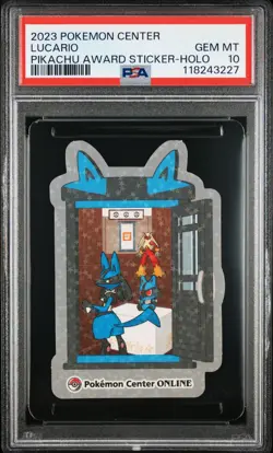 2023 POKEMON CENTER PIKACHU AWARD DELIVERY! STICKER HOLO LUCARIO PSA 10 - Image 1