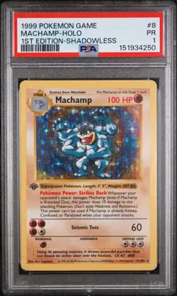 1999 Pokemon Game Machamp-Holo 1st Edition-Shadowless 8 PSA 1 - Image 1