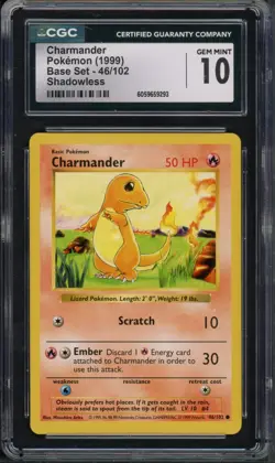 Pokemon CGC 10 Gem Mint Shadowless Base Set Common Charmander 46/102 - Image 1